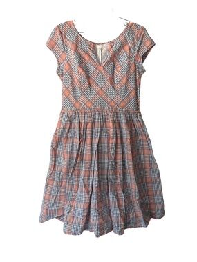 Eshakti Retro Plaid Fit-and-Flare Fully Lined Coral and Blue Dress Size L/12